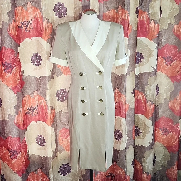 Vintage Danny & Nicole Tan & White Double-Breasted Jacket Dress – Size 8 - Picture 2 of 9